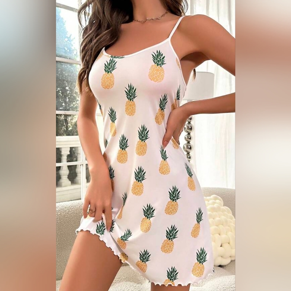 Pineapple Satin Silk Lingerie Size M Medium Chemise Slip Dress Top PJ Pajama